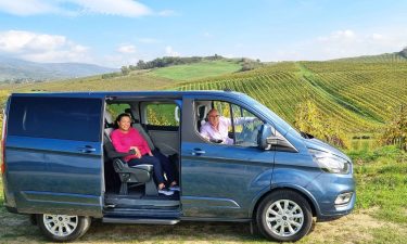 Sergio's tour van in the Tuscan vineyards